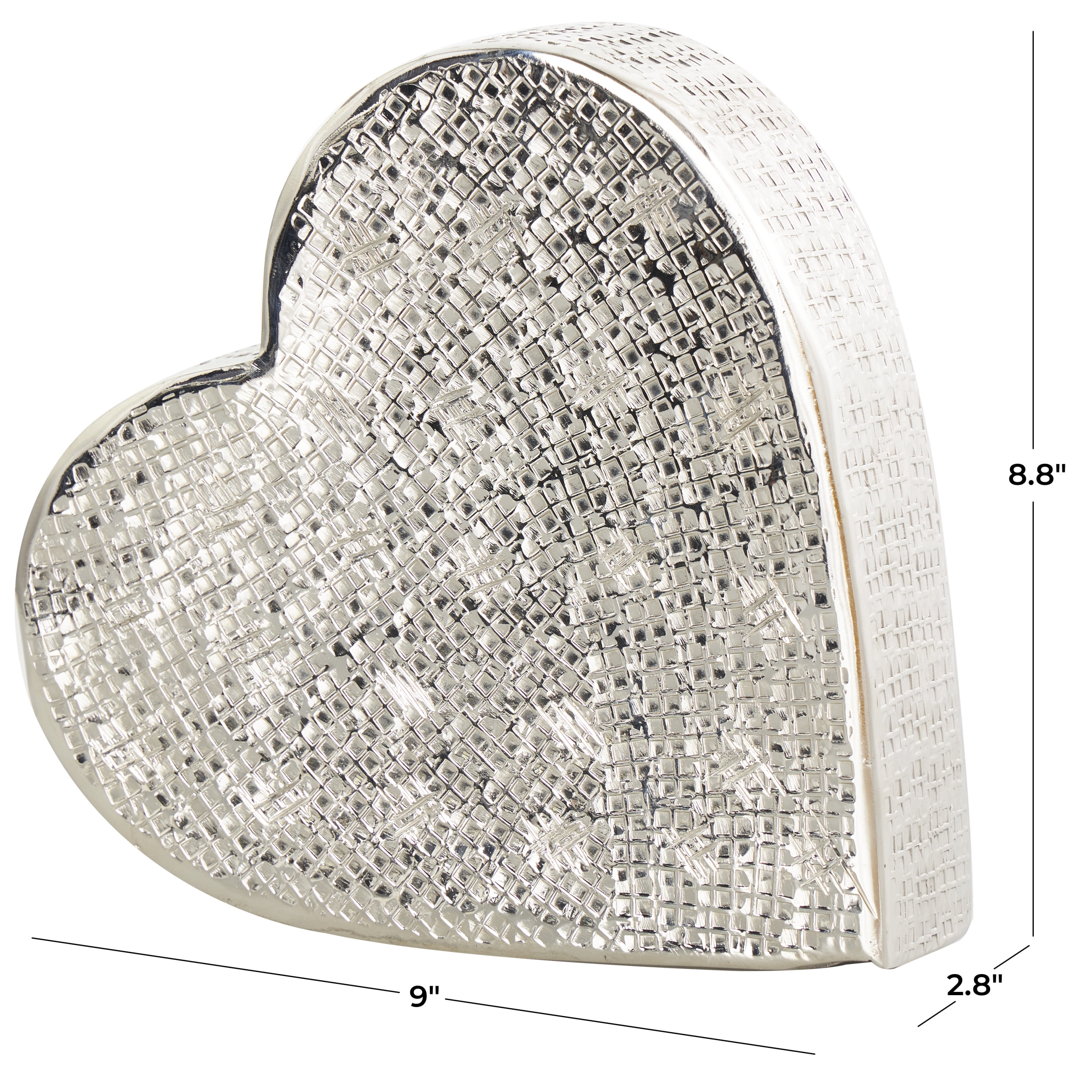 9" x 9" Silver Aluminum Slanted Heart Sculpture with Cube Textured Exterior, by DecMode