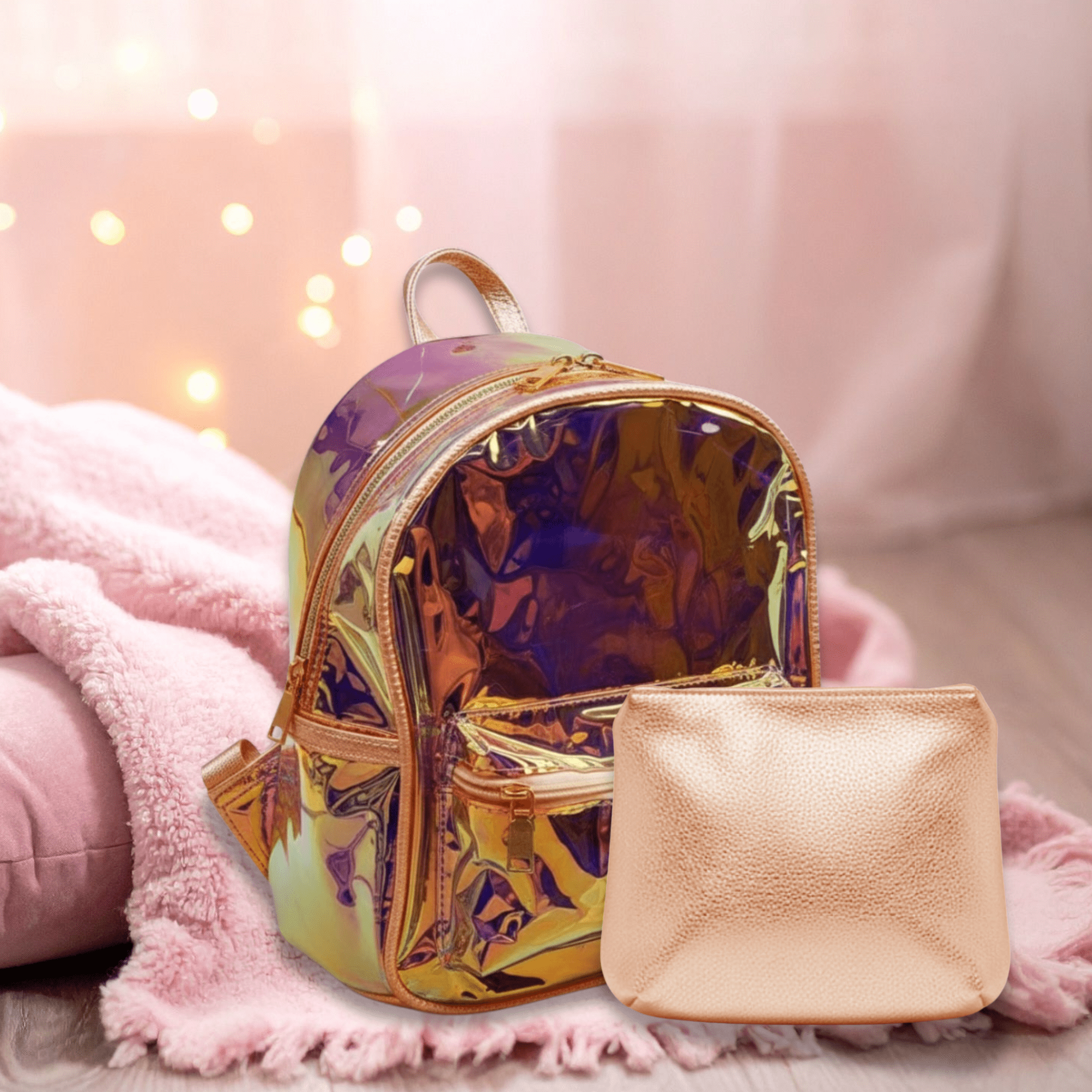 Clear Above Iridescent Mini Backpack with Purse – Holographic Shoulder Daypack for Travel, Concerts, Festivals & Everyday Fashion (Bronze Trim)