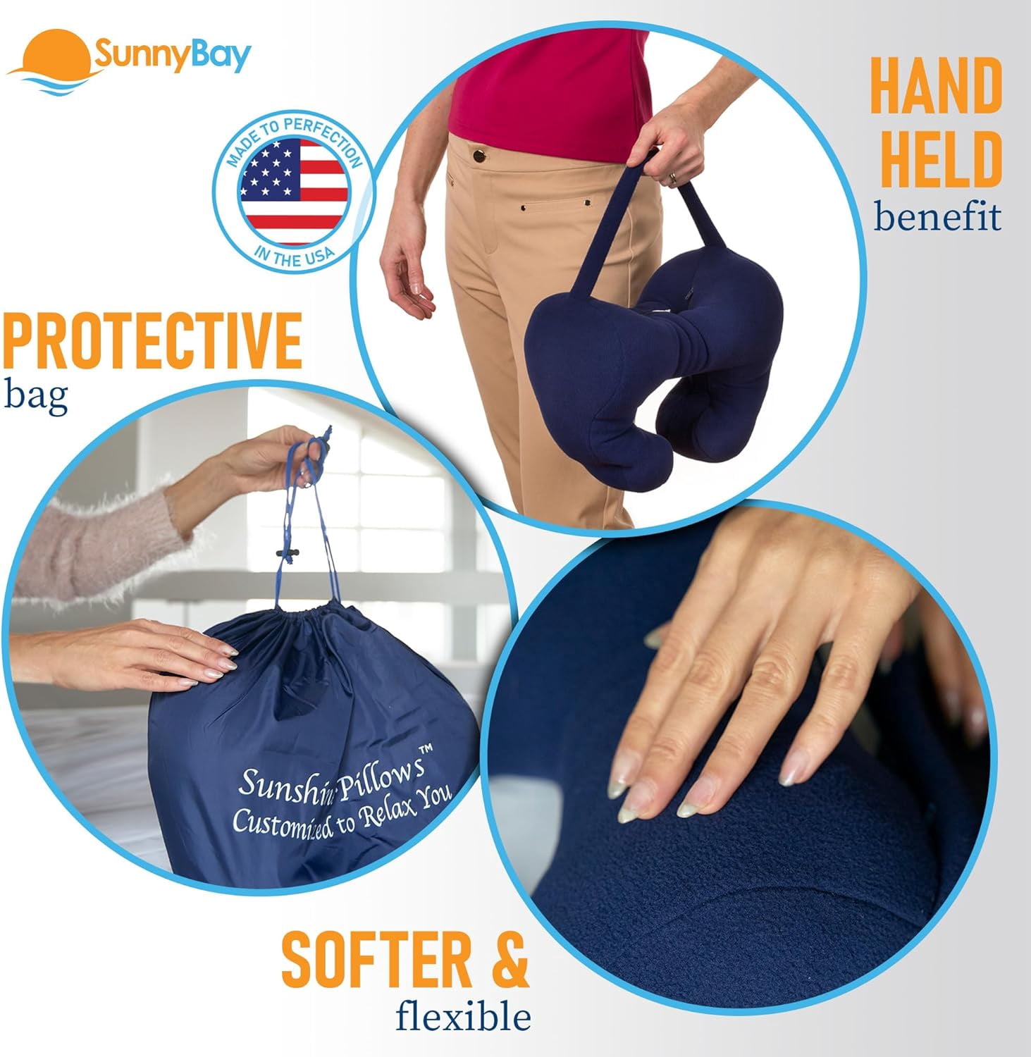 Sunshine Pillows Ergonomic Travel Neck Pillow, Cervical Neck Support, Airplan Bus Train Recliner Sofa Chair Cushion, Navy Blue, Large