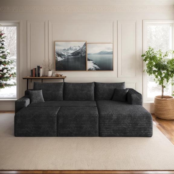 CKEASEAN 94" Corduroy Upholstered Boneless Couches with Right Chaise/Ottoman, U Shape Modular Sectional Sofa with Deep Seat, Cloud Sectional Fluffy Couches for Living Room/Office, No Assembly
