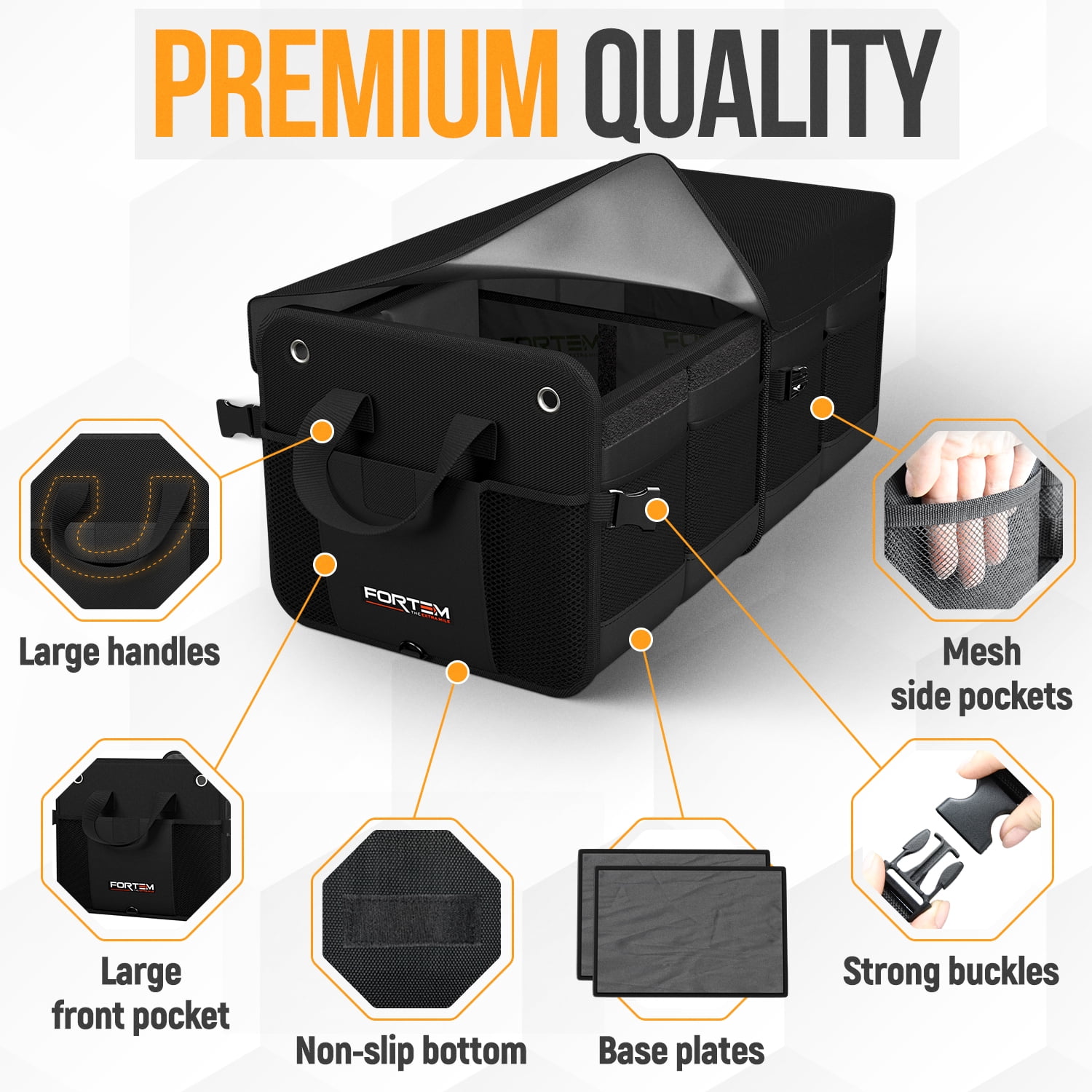 FORTEM SUV Trunk Organizer, Car Organizer, Collapsible Multi-Compartment Storage Bag for Car Accessories for Women Men, 1680D Oxford, Non Slip Bottom, Adjustable Straps, (50L)