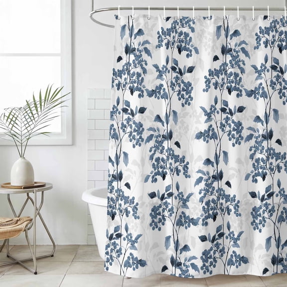 Blue Fruit Waterproof Shower Curtain, Large 72"x78" Washable Polyester Fabric Shower Curtains for Bathroom, Vintage Plant Nature Botanical Flower Floral Decorative Bathtub Curtain Sets with Hooks
