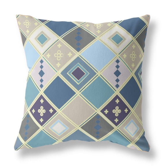 Quilted Tile Diamonds Indoor/Outdoor Fabric Pillow with Zip in Blue Gold16x16