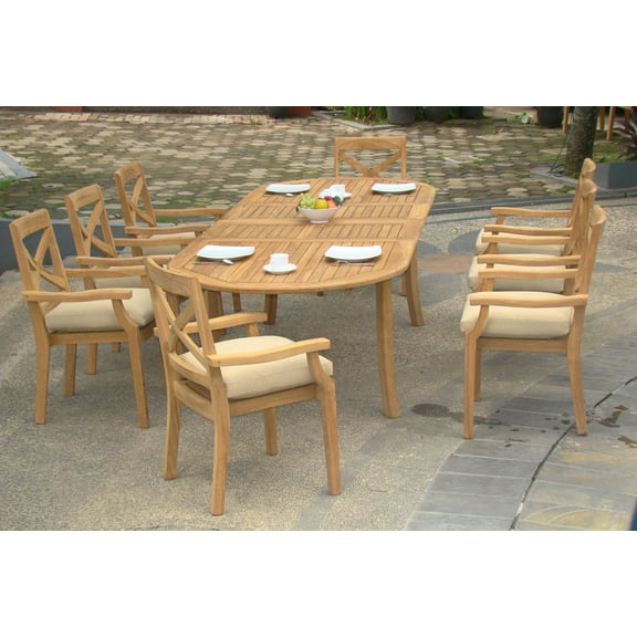 Teak Dining Set:8 Seater 9 Pc - 94" Oval Table And 8 Granada Stacking Arm Chairs Outdoor Patio Grade-A Teak Wood WholesaleTeak #WMDSGR4
