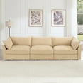 thumbnail image 4 of Newest 3-seater sofa,,a pull-out drawer under each seat, designed,crescent-shaped armrests,,equipped,wraparound back,arm cushions, chenille fabric, wheat colour., 4 of 20