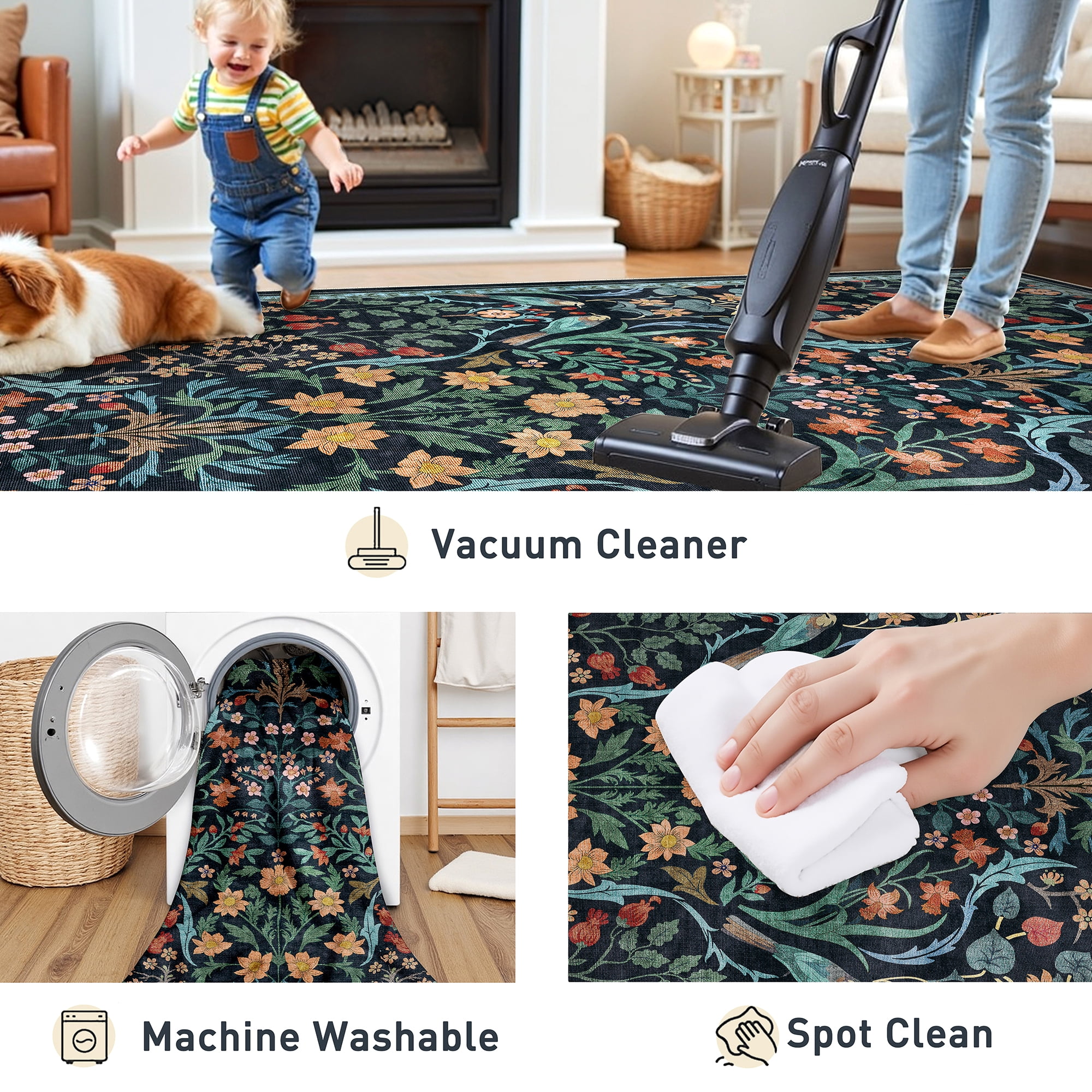 BERTHMEER 5'x7' Area Rugs for Living Room Bedroom Kitchen Farmhouse Rugs Non Slip Washable Floral Vintage Blue Carpets Oriental Flower Office Dorm Dining Room Throw Rugs, Multicolor