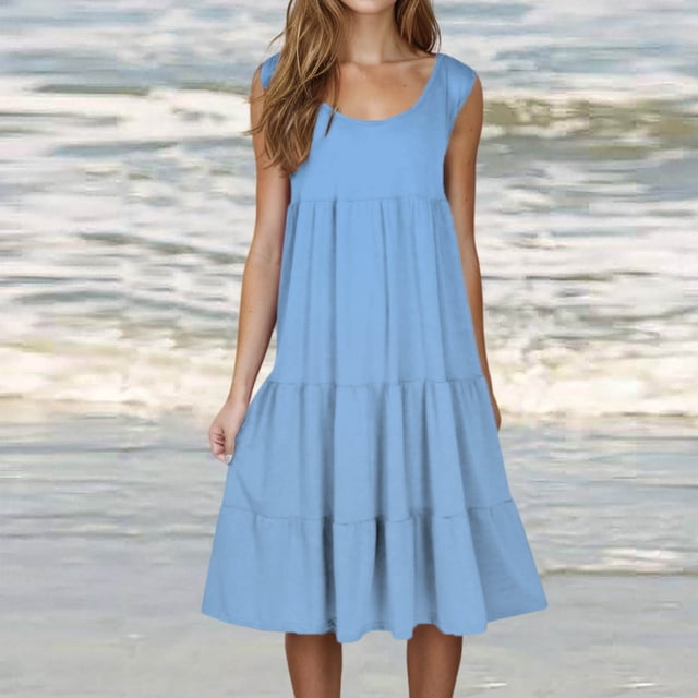 Gspmoly Robe pour Femme, Mode Femme Vacances Été Couleur Unie Sans Manches Robe de Fête Plage Robe Cocktail jusqu'à 60 % de Rabais