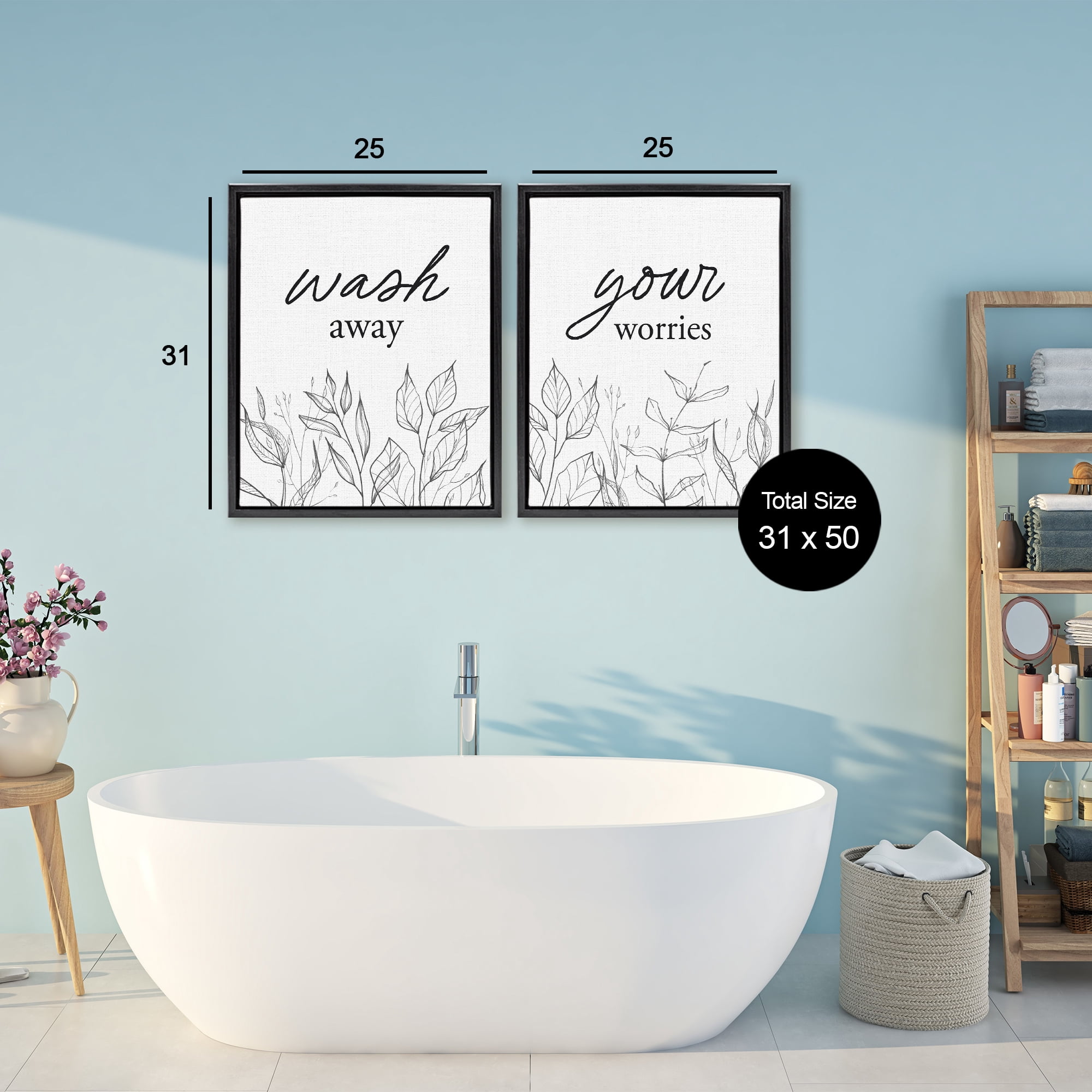 Wash Away Worries Minimalist Leaves 2 Piece Black Framed Floater Canvas Set, design by Lettered and Lined