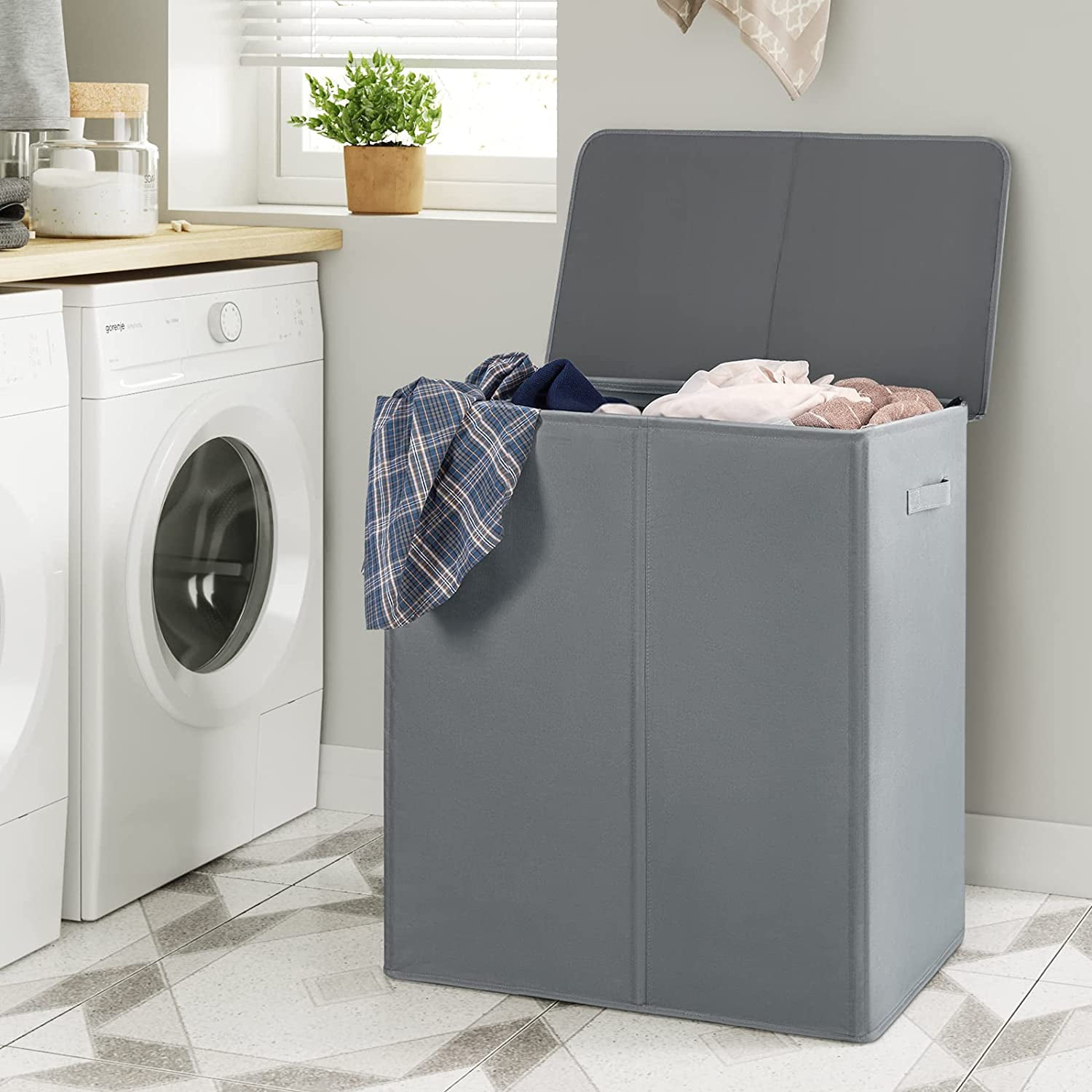 154L Double Laundry Hamper with Lid and Removable Laundry Bags, Large Dirty Clothes Hamper 2 section Collapsible Laundry Basket Dorm Room Storage for Bedroom, Bathroom, College,Grey
