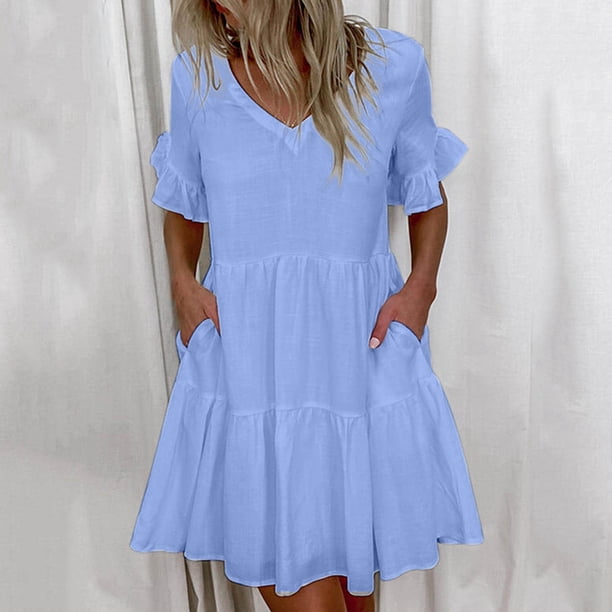 ICHUANYI Liquidación Vestido de verano bohemio estampado de manga corta con cuello en V para mujer ICHUANYI WER2023082200570
