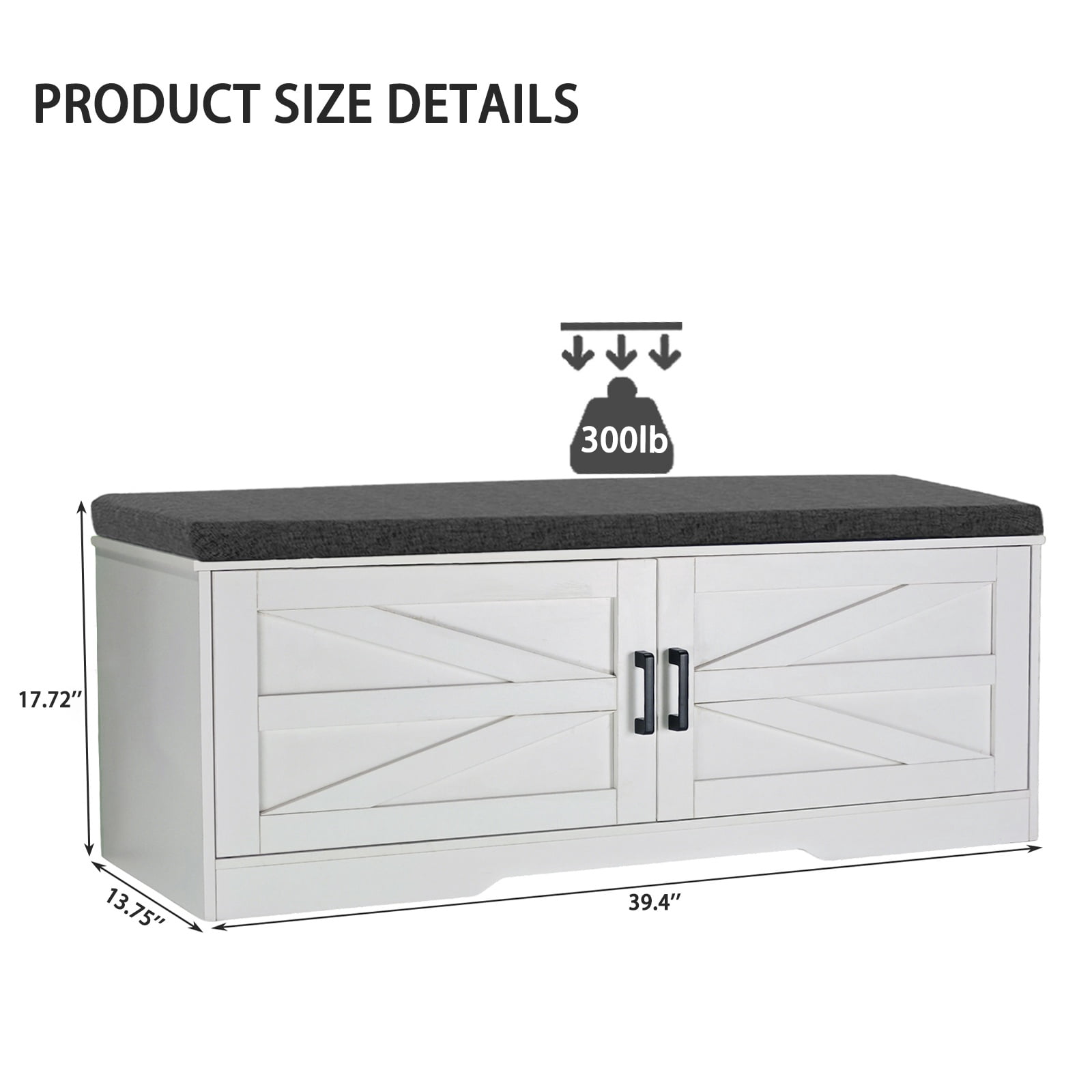 PORKISS Shoe Storage Bench with Cushion and Barn Doors for Entryway, Bedroom, Shoe Rack Bench with 2 Adjustable Shelves, White B