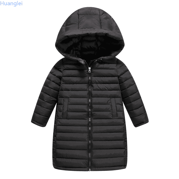 Huanglei Kids Long Down Coat Girls Zipper Hooded Jacket Boy's Lightweight Children Winter Jackets Outwear Kids Cute Coat 3-4 Years