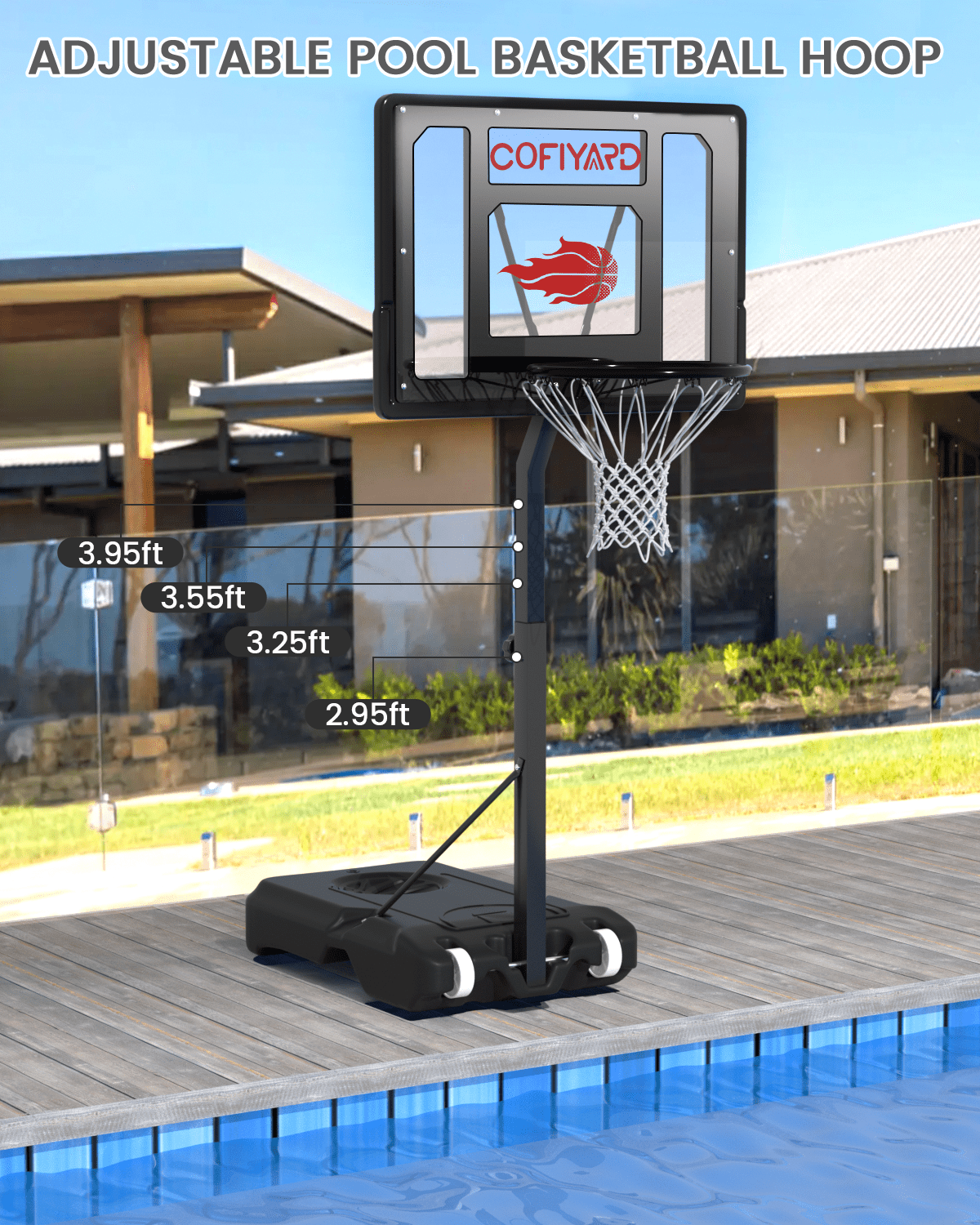 Cofiyard Swimming Pool Basketball Hoop, 32" Shatterproof PC Backboard, Adjustable Poolside Basketball Goal with 2 Balls Outdoor for Teens Adults