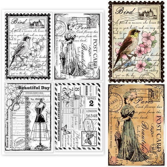 Vintage Ticket Postcard Clear Stamps for Card Making Butterfly Dress Lady Transparent Silicone Stamps for DIY Scrapbooking Supplies Embossing Paper Card Album