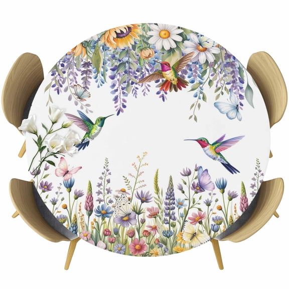 Watercolor Floral Round Tablecloth, Fitted Table Cover with Elastic for 36"-44" Round Tables, Spring Daisy Sunflowers Wisteria Hummingbird Table Cloth Outdoor Dinning Party Waterproof Tablecloths