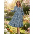 thumbnail image 4 of CASSIE LIZ Womens Plus Size Dresses 4X V Neck Floral Print Blue Maxi Dress with Elastic Waist Curvy Silhouette with Pockets Long Sleeve Romantic Boho With Buttons Dress 4XL 24W 26W, 4 of 7