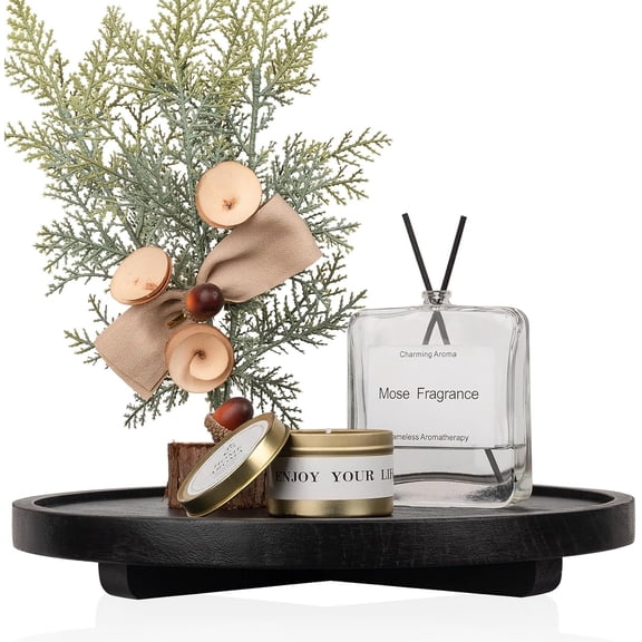 Black Round Wooden Decorative Tray, Farmhouse Bathroom Counter Organizer Riser for Soap, Perfume, Candle, Sponge, 9 Inch