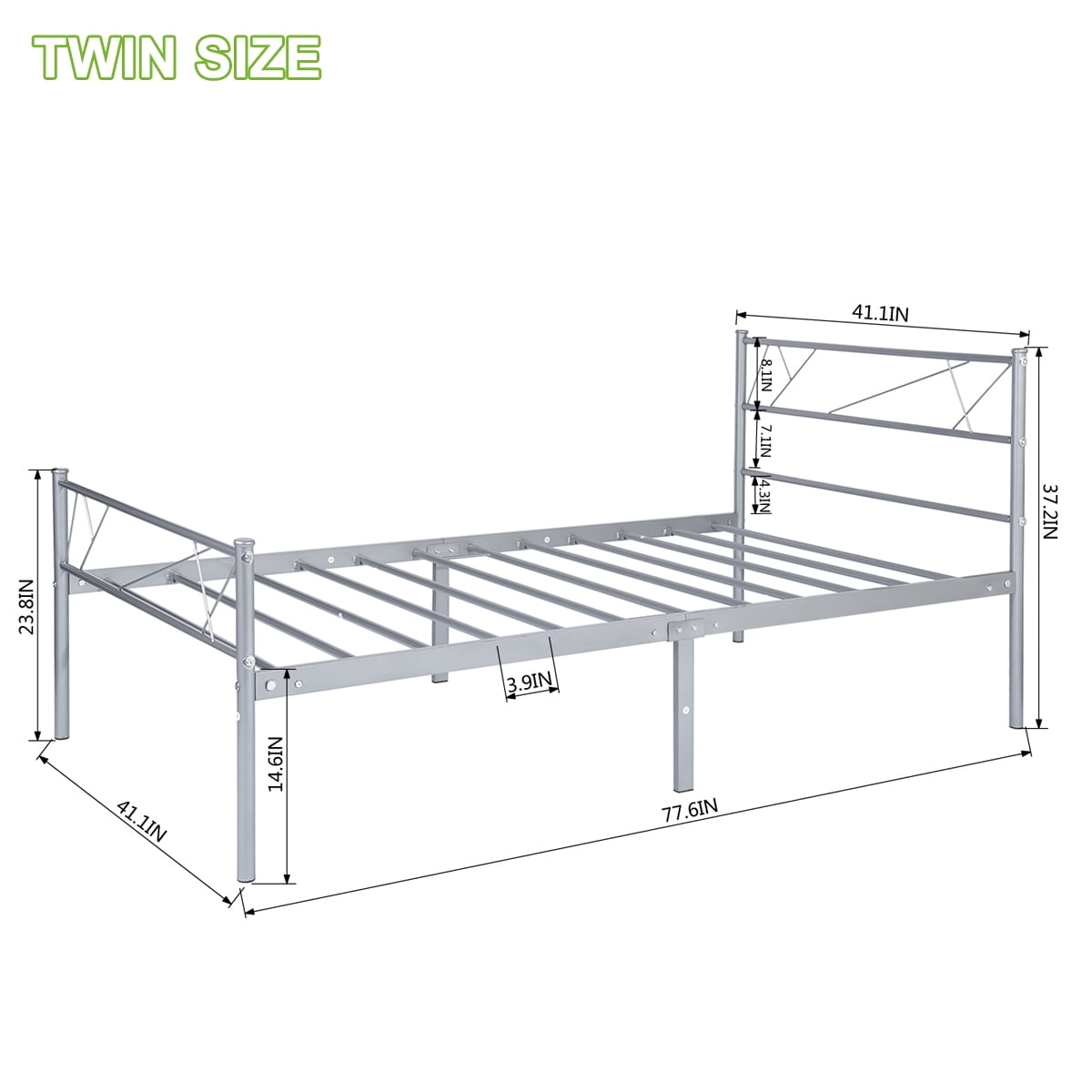 Geniqua Twin Size Bed Frame Steel Silver Foundation Classic Headboard Footboard Foundation Tool Free No Box Spring Needed