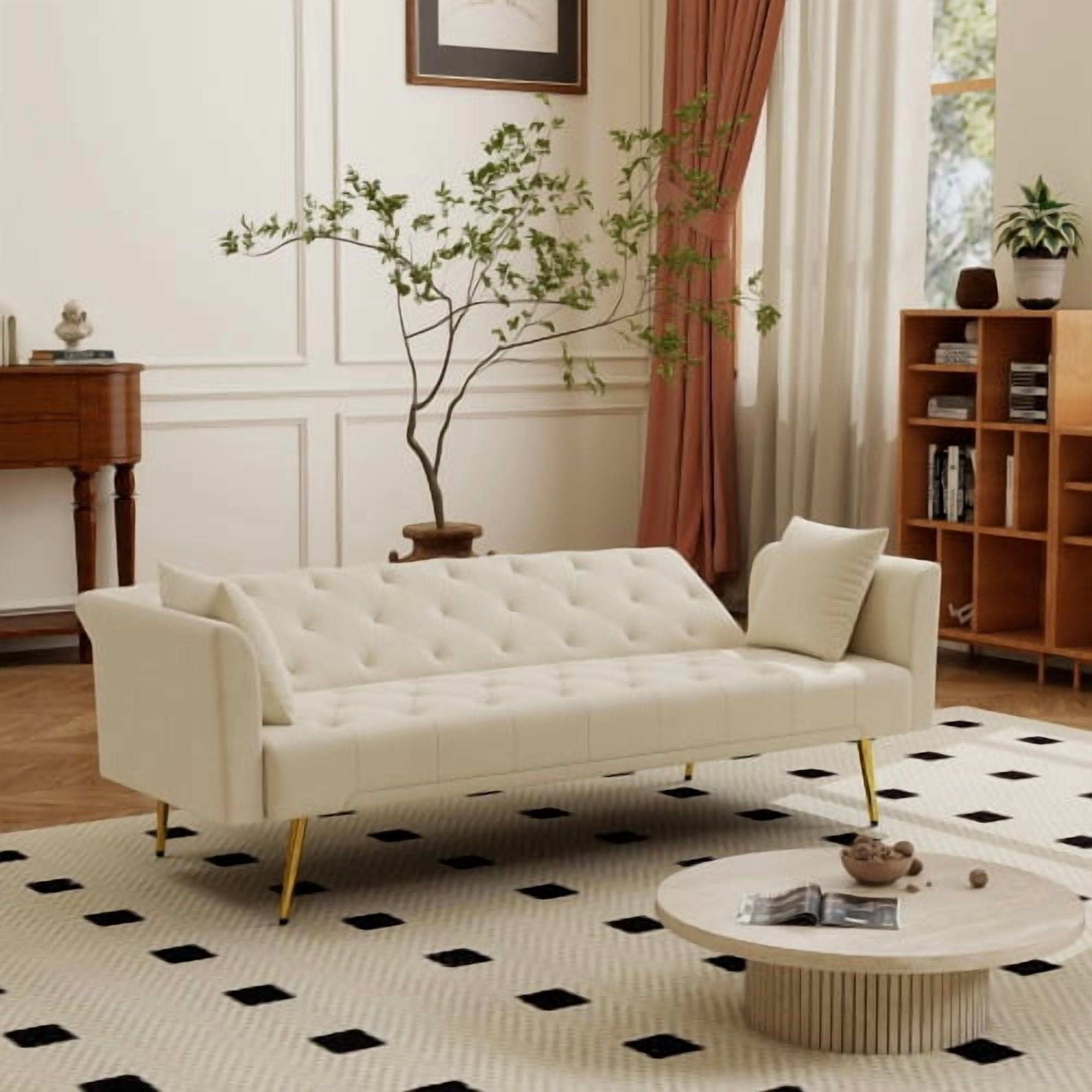 72-Inch Foldable Sleeper Sofa, Tufted American Retro Style, Velvet Couch with 3 Adjustable Positions, Ideal for Small Living Rooms, Bedrooms and Offices, Beige