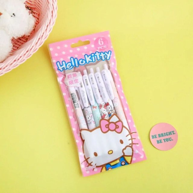 Pluma neutra Kawaii Sanrio, 6 piezas, figura de acción, Hello Kitty Melody, 5mm, prensado negro, Cinnamoroll, escuela, oficina, regalos
