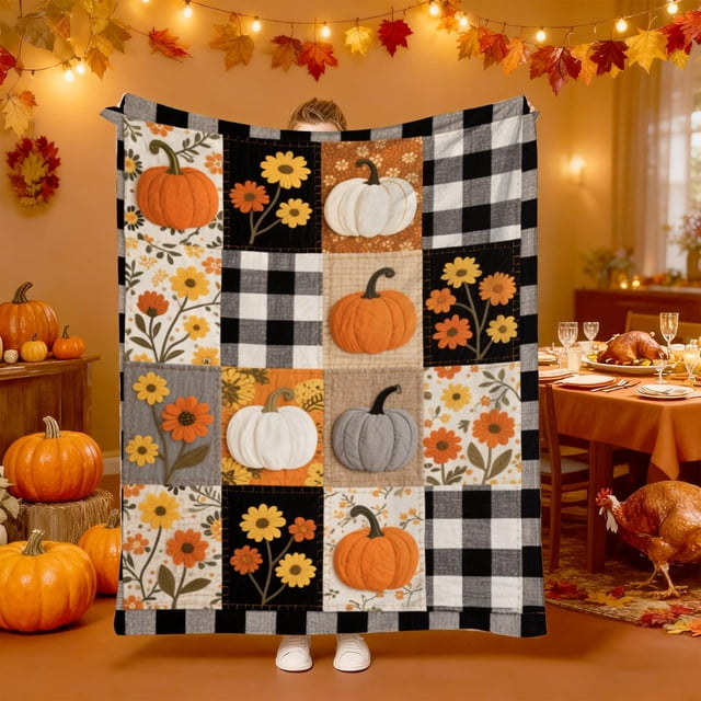 Manta de Franela con Calabaza y Hoja de Arce para Acción de Gracias | Manta Cálida y Acogedora para Siestas 150 X 130 Cm | Multicolor | Diseño de Frutas de Otoño