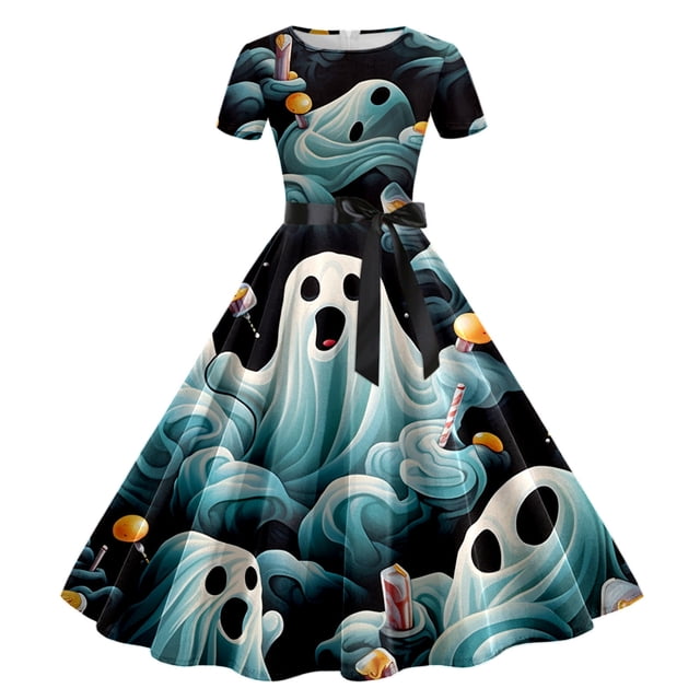 Wolfast Robe à Manches Courtes pour Femmes Imprimé Rétro Patchwork Manches Courtes Soirée Bal Robe Vintage