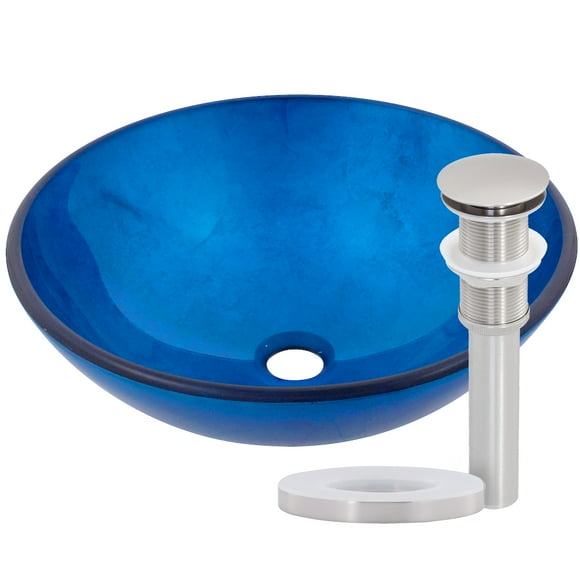 Novatto TIG-S132BN Verdazzurro Ensemble d'Évier de Bain à Récipient en Verre, Drain en Nickel Brossé