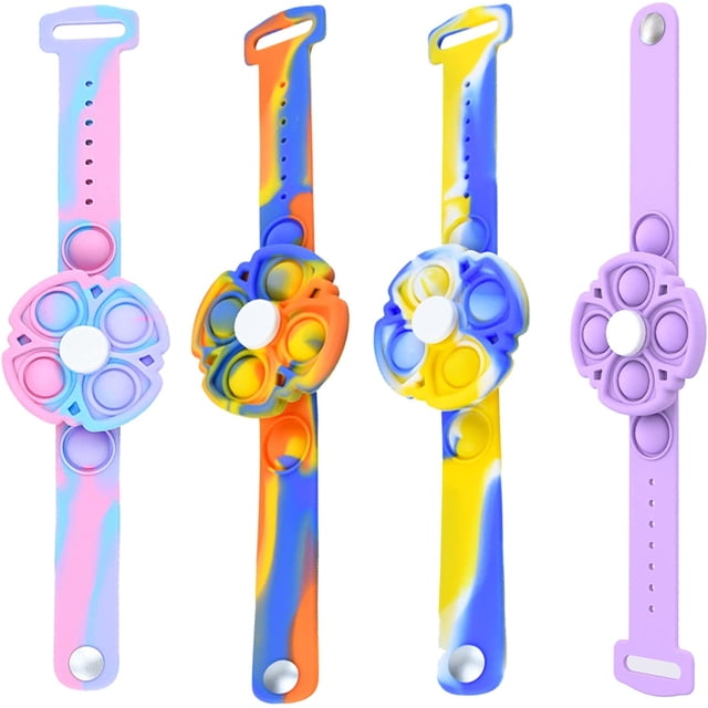 correa giratoria para niños fidget toy huoguo pop it watch, 4 unidades — cuatro relojes de silicona con correa ajustable y disco pop‑it giratorio; vista frontal vertical con burbujas pulsables en el disco, eje central giratorio y hebilla con orificios de ajuste en colores rosa/azul pastel, mezcla naranja/azul, amarillo/azul y lila; suele usarse como recuerdo de fiesta o juguete para aliviar estrés.