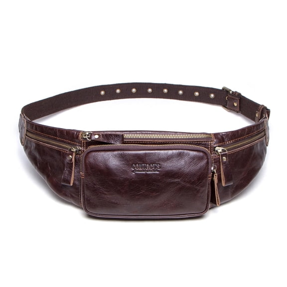 Contact's Genuine Leather Slim Waist Pack for Man & Woman, Vintage Design & 4 Zipper Pockets & Adjustable Strap, Handmade, Large Capacity Fanny Pack Crossbody Belt Bag for Travel or Ride, Coffee