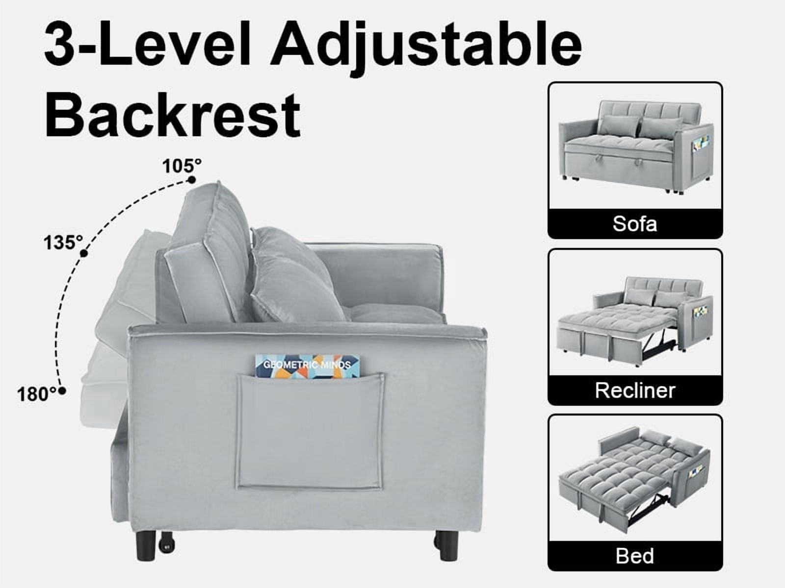 Howcool 55" 3-in-1 Convertible Sleeper Sofa Bed, Pull Out Loveseat, Velvet Adjustable Backrest Couch with Storage Pocket, Small Space Apartment Sofa for Living Room Bedroom，Light grey