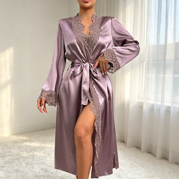 Voncos Women's Satin Robe with Lace Trim, Long Sleeve Silk Kimono Robes, Tie Waist, Mid‑Length Loungewear for Bridal Spa
