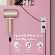 iPormis Vanity Desk with Mirror and Lights, Glass Top Makeup Vanity with RGB Light and Charging Station for Girls ,Pink
