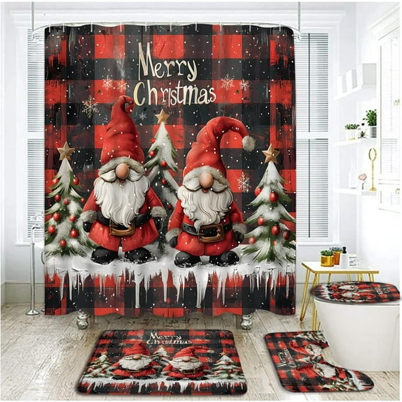 4 Piece Christmas Gnomes Shower Curtain Set with Rugs, Toilet Lid Cover ,Vintage Farmhouse Xmas Tree Snwoflake Forest on Red and Black Buffalo Plaid Cartoon Winter Bathroom Shower Curtain with Hooks