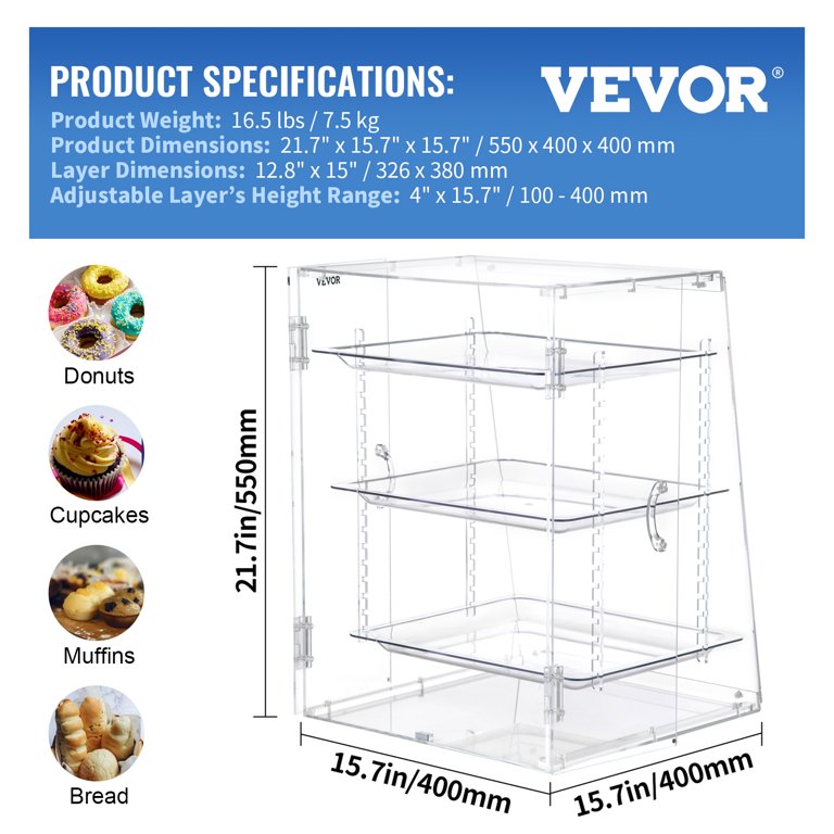 3 Tier - Large Acrylic Lockable Display Cabinet - Case/Bakery Display  Cabinet/Store Display Cabinet/Restaurant Display Cabinet