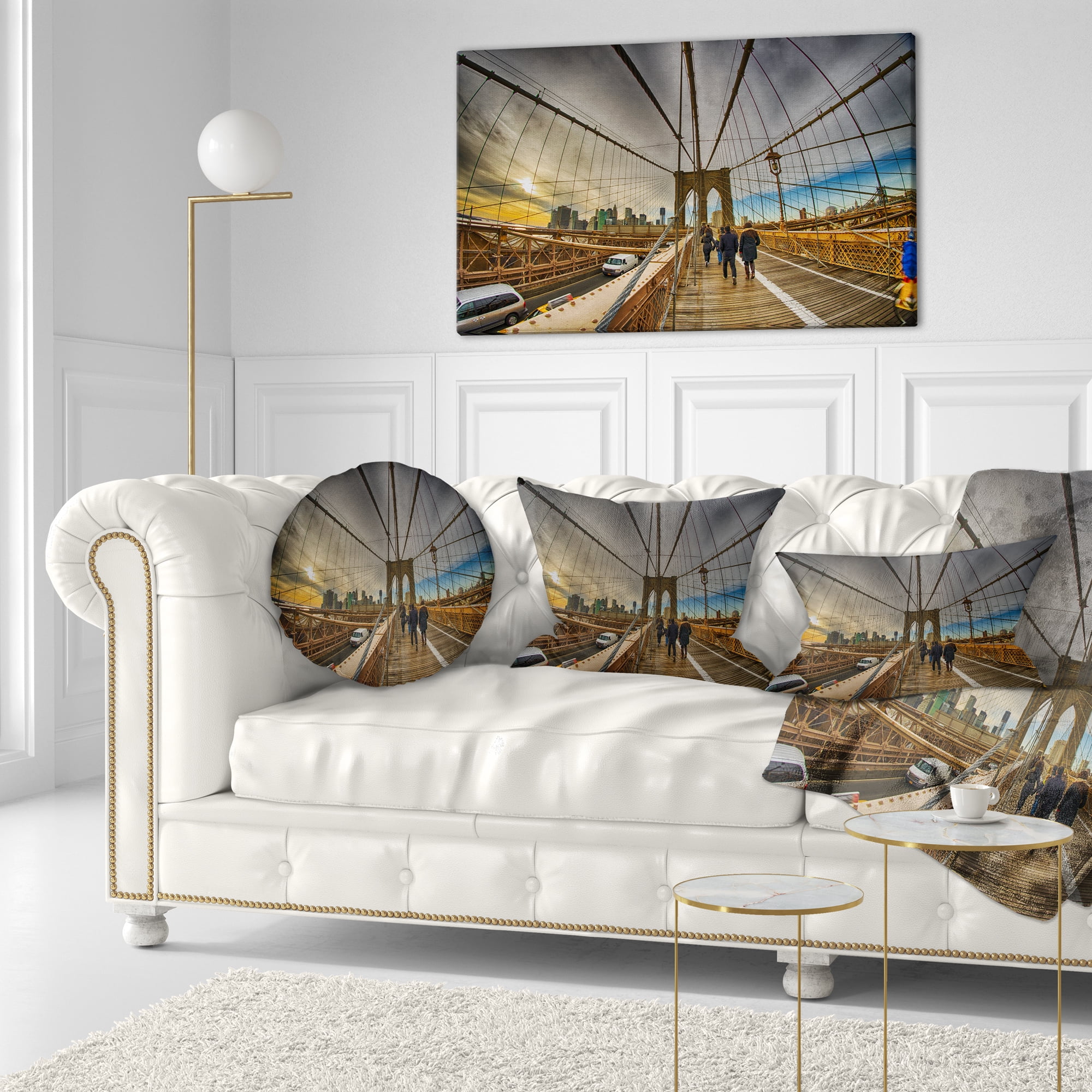 Designart Strolling on Brooklyn Bridge - Landscape Photo Throw Pillow - 12x20