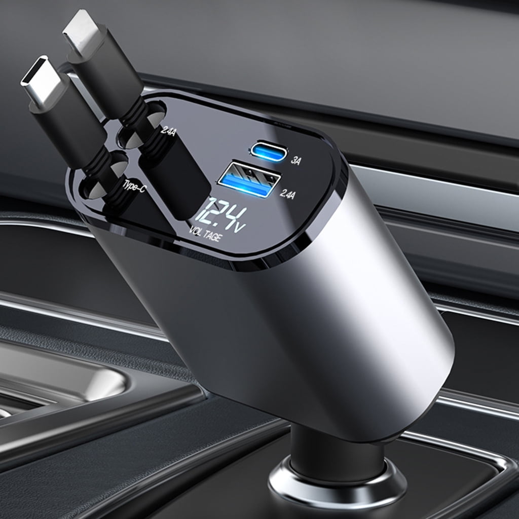 Retractable Cable 2 USB C Car Charging with Retractable Wire and Safe Charging