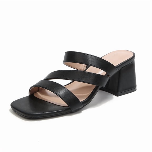 Pennysue Women Square Toe Sandals Strappy Slip On Chunky Heels with Cushioned Insole for Summer Party Office Daily Wear