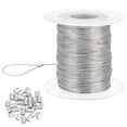 thumbnail image 1 of 100 metros de alambre resistente para colgar cuadros (0,5 mm) de acero inoxidable 304, con 30 abrazaderas de aluminio. Incluye 30 unidades., 1 of 6