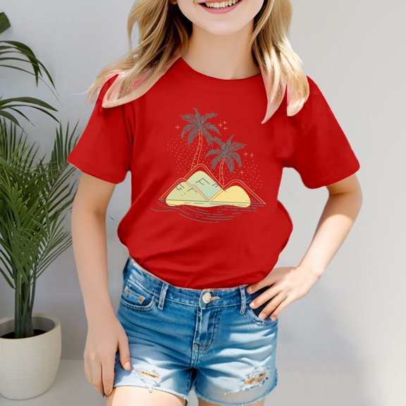Island Print Casual Tee For Girls Fashion Comfort Fit Top Beach Daily Wear Soft Breathable Kids Shirt Short Sleeve Shirt for Girls Tees Kids Tshirts Clothes Summer Tops T-Shirt