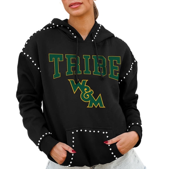 Women's Gameday Couture  Black William & Mary Tribe Studded Pullover Hoodie