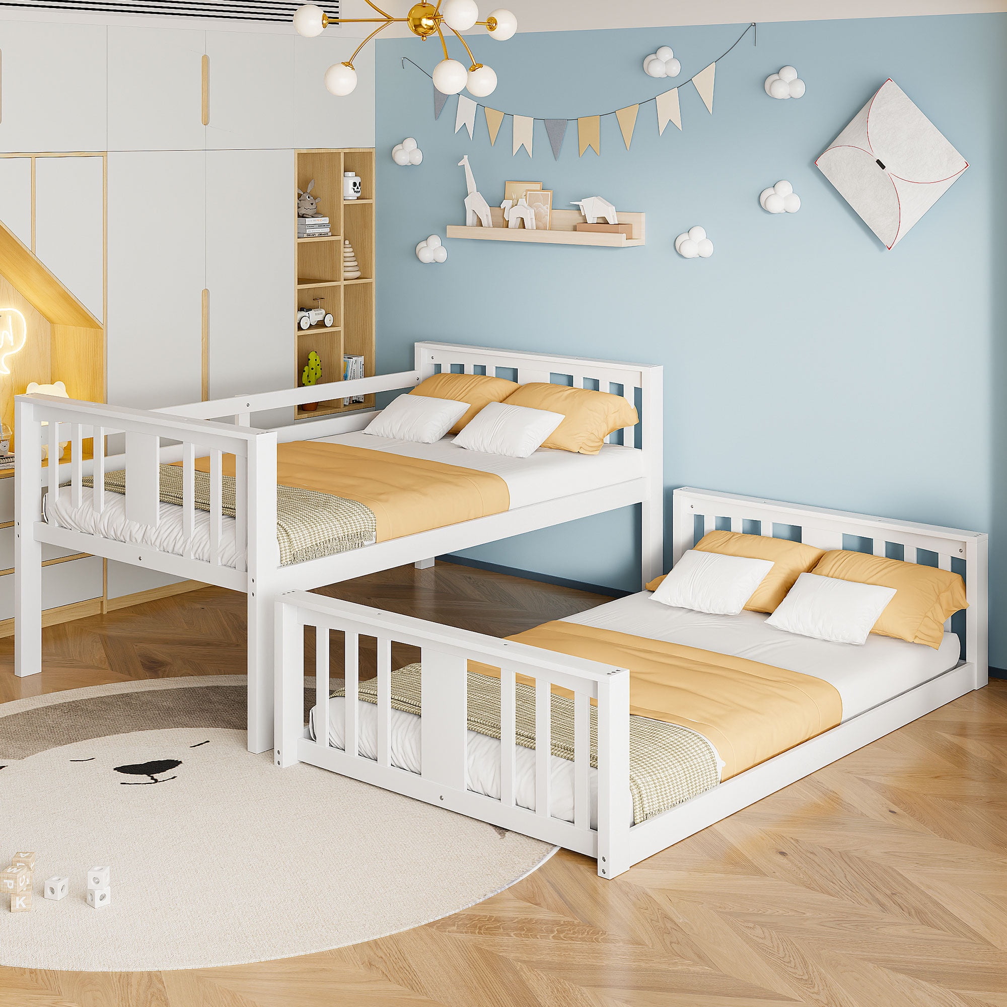 PORKISS Low Bunk Beds for Kids, New Upgraded Twin Over Twin Floor Bunk Bed with Ladder, Modern Bedroom Furniture Wood Bunk Bed for Boys Girls Teens, Easy Assembly, White
