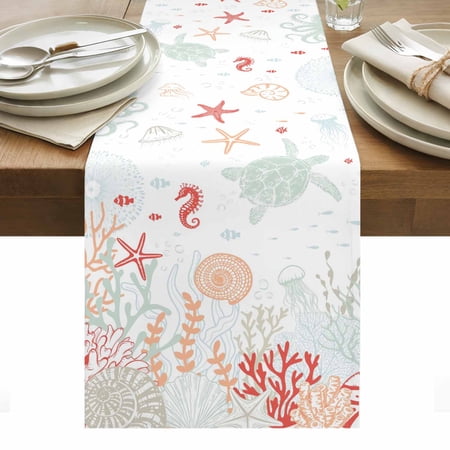 Coastal Turtle Table Runner - 60 Inch Long Kitchen Dining Table Runner Dresser Scarves Orange Red Coral Green Jellyfish Starfish Farmhouse Decor for Coffee Tables Wedding Party Banquet