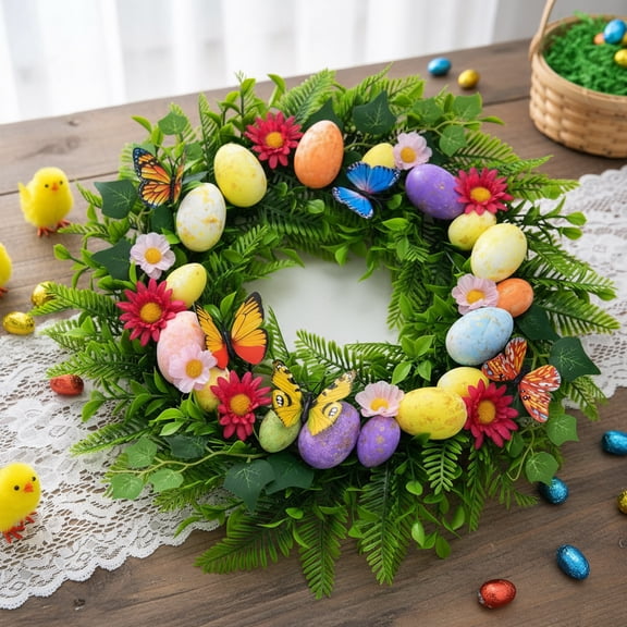 45cm Easter Wreath with Colored Eggs and Butterflies, Spring Door Hanger for Patio, Porch, and Seasonal Home Decor