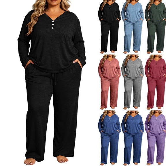 Lounge Sets for Women Plus Size Fashionable Solid Color Button V Neck Long Sleeved Shirt Pants Casual Home Suit Set XXL