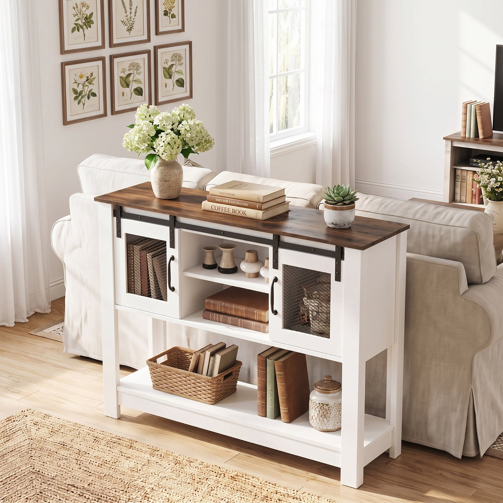 Furnibear Console Table with Sliding Barn Doors and Storage Cabinets Entryway Table for Living Room Hallway Sofa Narrow Space, Rustic Brown