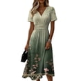 thumbnail image 3 of Women's V Neck Short Sleeve Dress Floral Print A Line Midi Casual Summer Outfit Flowy Lightweight Party Wear Vacation Boho Chic Paisley Abstract Dark Green L, 3 of 5