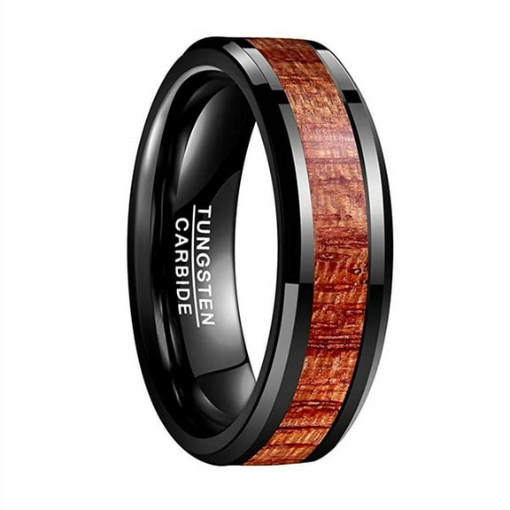 Mens Koa Wood Black Tungsten Carbide Polished Beveled Edges Comfort Fit Wedding Ring Size 7 to 12