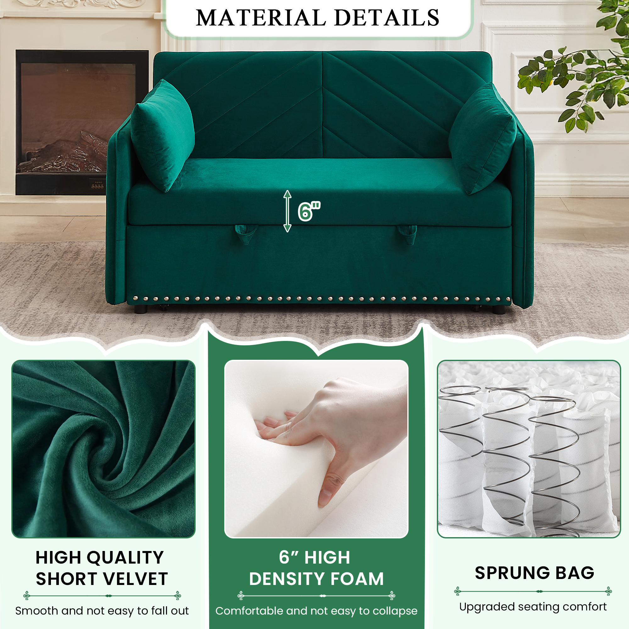 Dinosisco Convertible Sleeper Loveseat with USB, 55" Velvet Futon Sofa Bed, Green