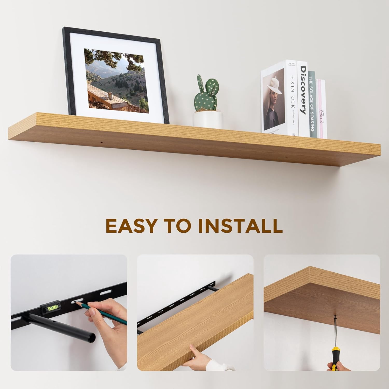 Floating Shelves 48 Inch Long, 9.3 Inch Deep Wall Shelf for Fireplace Mantel, Rustic Farmhouse Wooden Shelves for Wall Decor Bathroom, Kitchen, Office, Oak Color, Set of 1