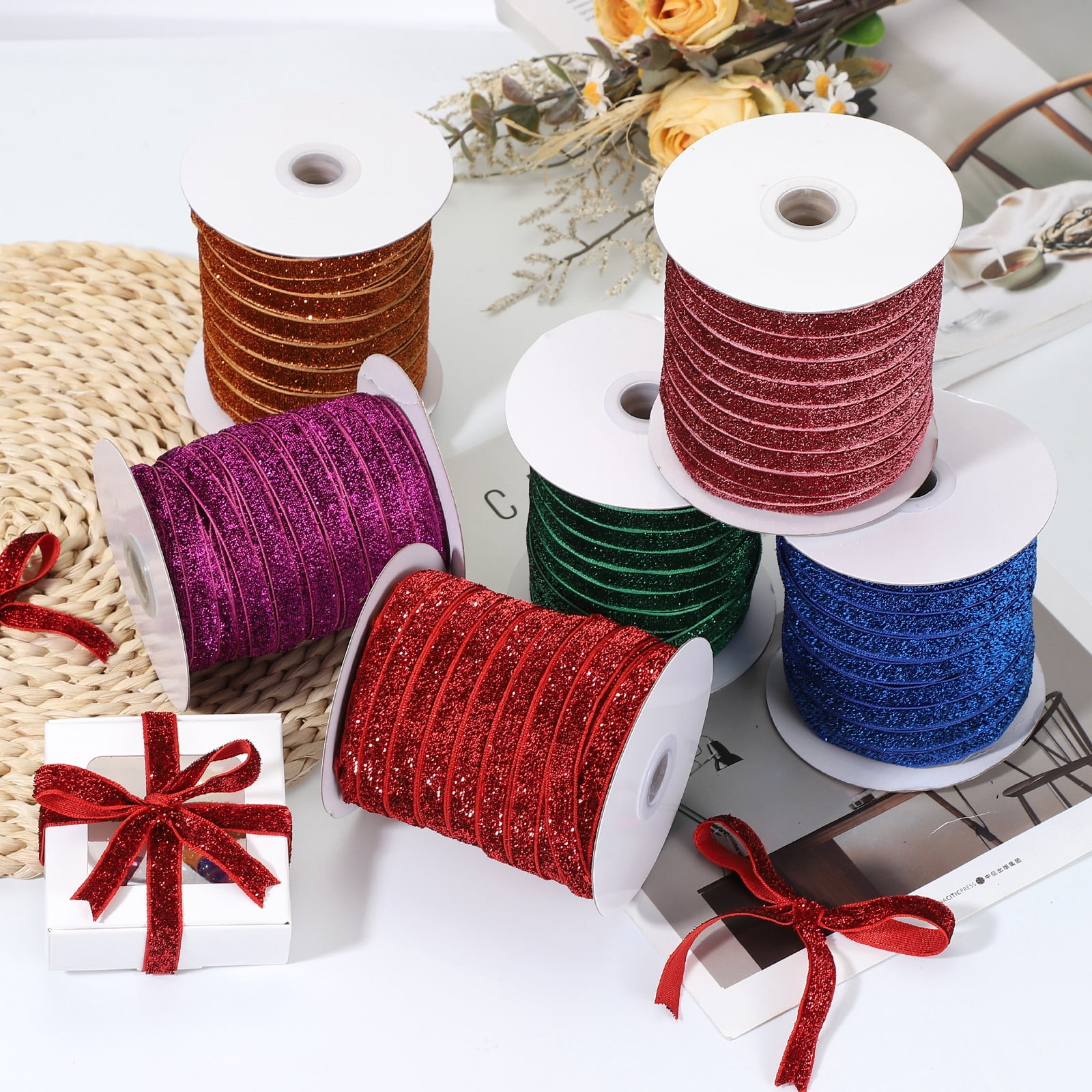 Uxcell Glitter Velvet Ribbon, Sparkly Fabric Metallic Ribbons Gift Wrapping Roll for Crafts Hair Bow Wreaths Decoration Brown